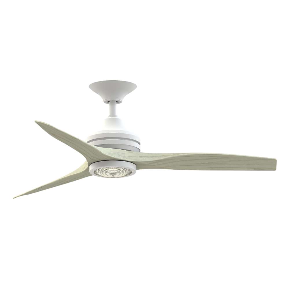 White/Light Oak Crate & Barrel Fanimation Spitfire Walnut Indoor/Outdoor Ceiling Fan 48 inch with LED light in front view