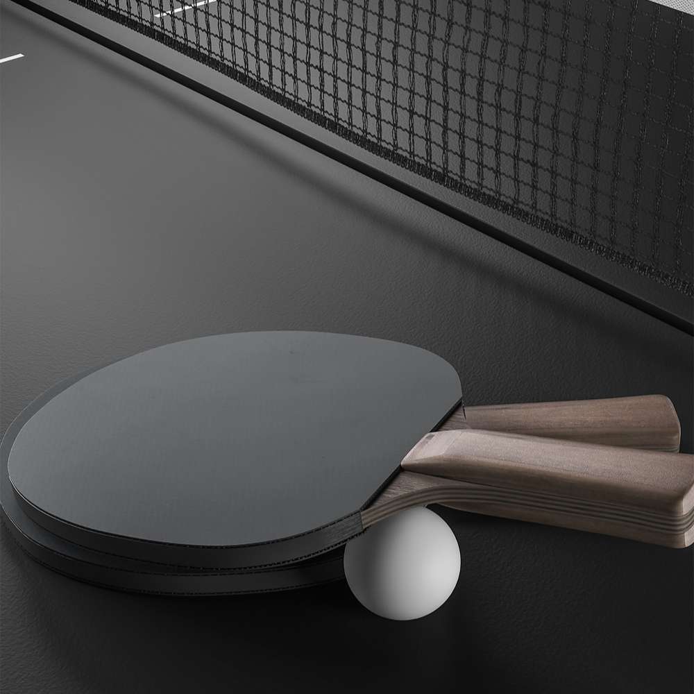 With Table Tennis Kit Crate & Barrel Walnut Pool Table with Wall Rack and Accessories in close up on a black paddle and a white ball resting on the table tennis topper beside the net