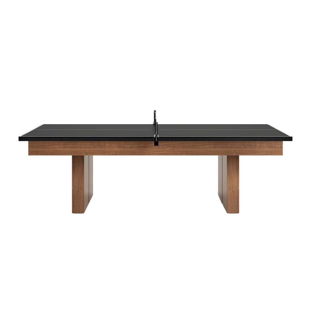 With Table Tennis Kit Crate & Barrel Walnut Pool Table with Wall Rack and Accessories seen straight from the long side against a white background with the table tennis topper and net fitted over the cabinet