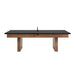 With Table Tennis Kit Crate & Barrel Walnut Pool Table with Wall Rack and Accessories seen straight from the long side against a white background with the table tennis topper and net fitted over the cabinet