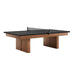 With Table Tennis Kit Crate & Barrel Walnut Pool Table with Wall Rack and Accessories shown at a three quarter angle against a white background with the black table tennis topper and net fitted over the cabinet