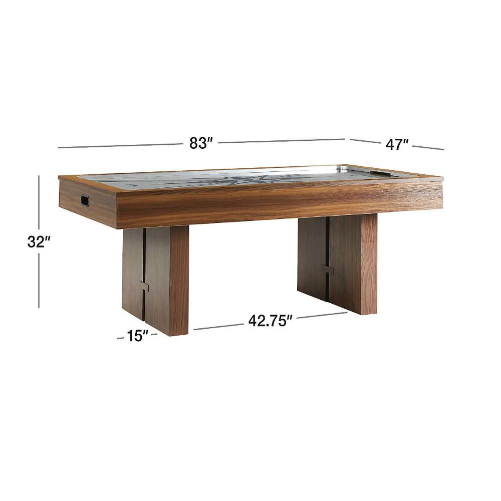 Woodgrain Crate & Barrel Air Hockey Table shown as a dimension diagram on a white background marked 83 inches wide, 47 inches deep, 32 inches high and 42.75 inches between the legs