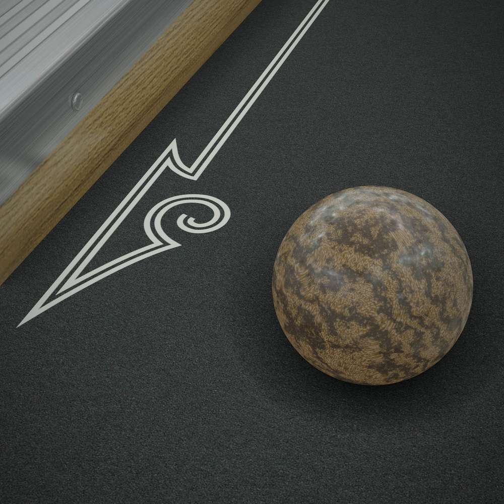Woodgrain Crate & Barrel Skee-Ball Home Arcade Premium in close up on a single speckled ball resting on the black lane next to a painted white arrow