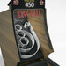 Woodgrain Crate & Barrel Skee-Ball Home Arcade Premium in close up on the backboard showing the red Skee-Ball logo, a high score display reading 450 and the nested scoring rings