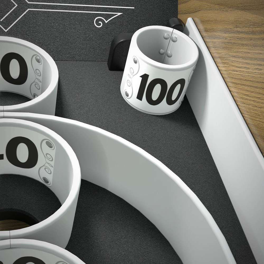 Woodgrain Crate & Barrel Skee-Ball Home Arcade Premium in close up on the white scoring rings including the 100 point ring at the edge of the target