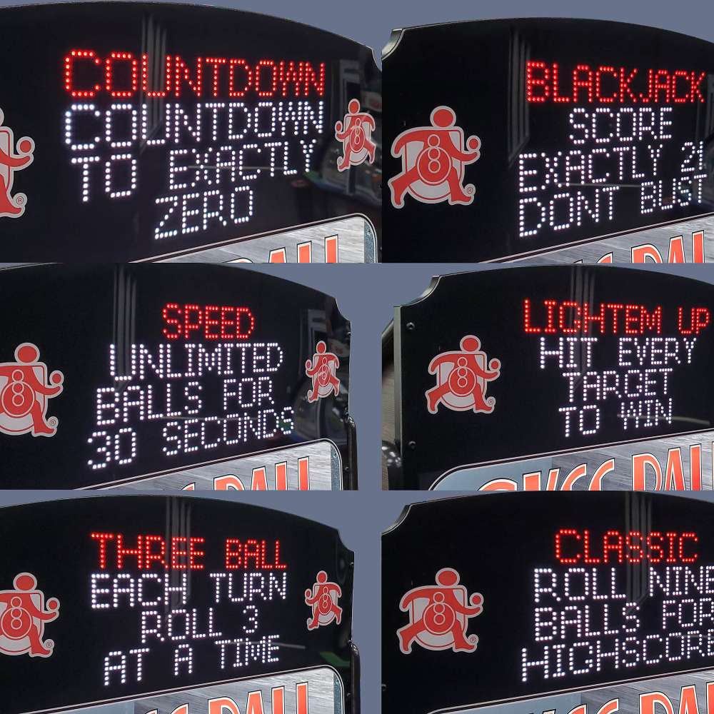 Woodgrain Crate & Barrel Skee-Ball Home Arcade Premium in six close ups of the lit display naming the game modes Countdown, Blackjack, Speed, Light Em Up, Three Ball and Classic
