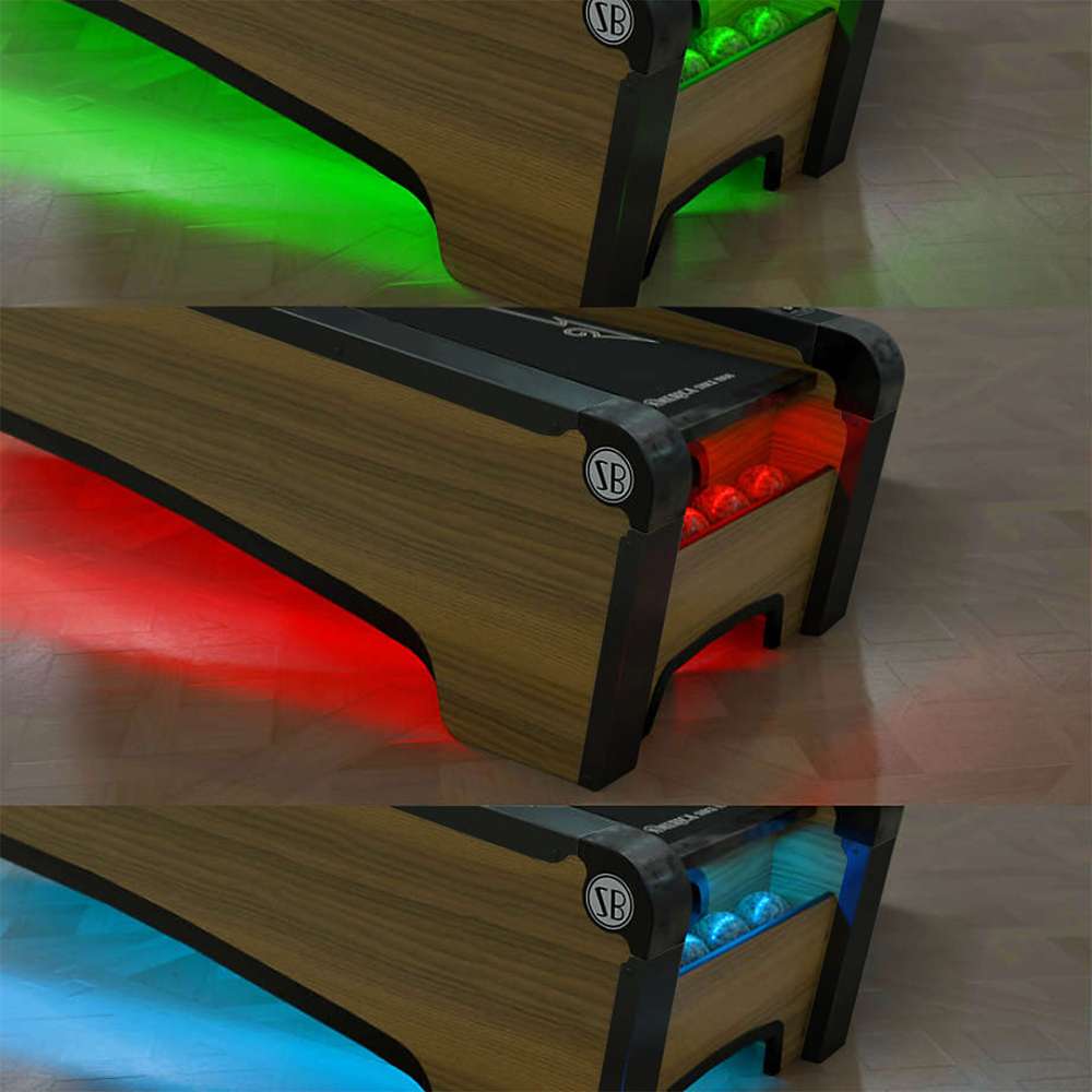 Woodgrain Crate & Barrel Skee-Ball Home Arcade Premium in three stacked photographs showing the front of the alley glowing green, red and blue for different players