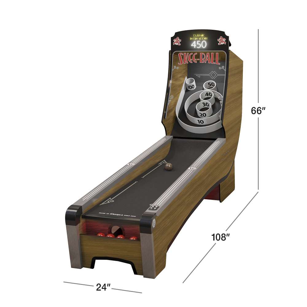 Woodgrain Crate & Barrel Skee-Ball Home Arcade Premium shown as a diagram marked 66 inches high and 108 inches long
