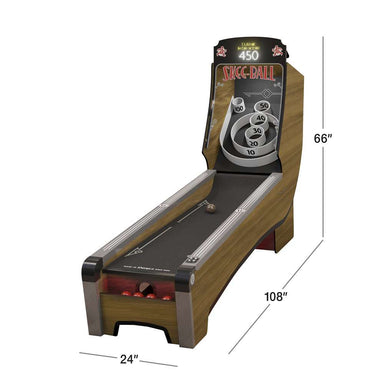 Woodgrain Crate & Barrel Skee-Ball Home Arcade Premium shown as a diagram marked 66 inches high and 108 inches long