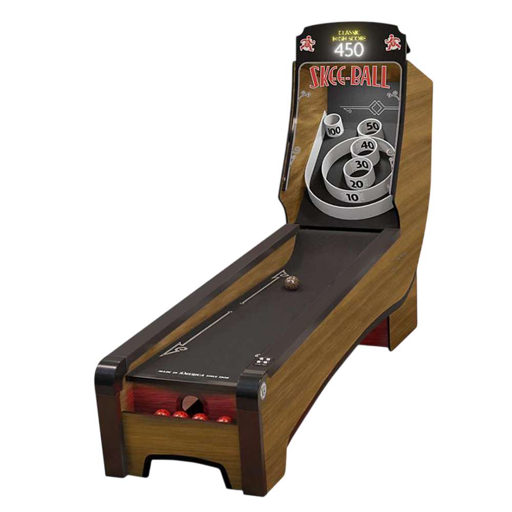 Woodgrain Crate & Barrel Skee-Ball Home Arcade Premium shown full length with a black lane, woodgrain sides and an upright backboard with the red Skee-Ball logo above scoring rings marked 10 through 50 and two 100 rings